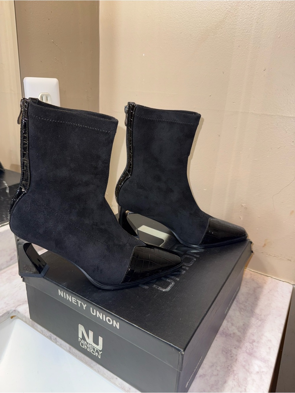Black Suede Ankle Boots with Patent Pointed Toe and Sculpted Block Heel